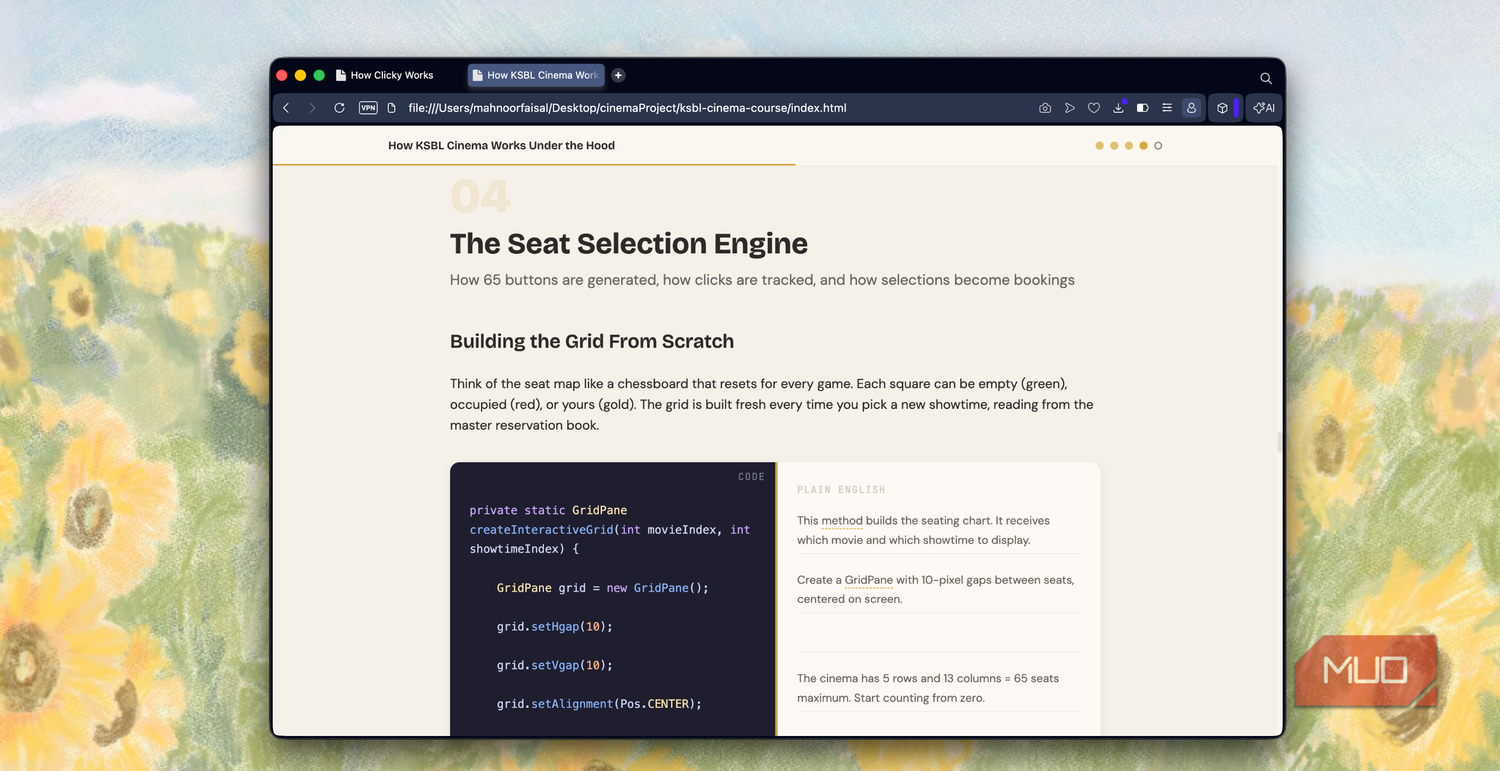 browser window displaying article about seat selection engine with code snippet showing grid layout implementation
