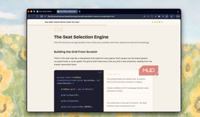 browser window displaying article about seat selection engine with code snippet showing grid layout implementation