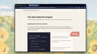 browser window displaying article about seat selection engine with code snippet showing grid layout implementation