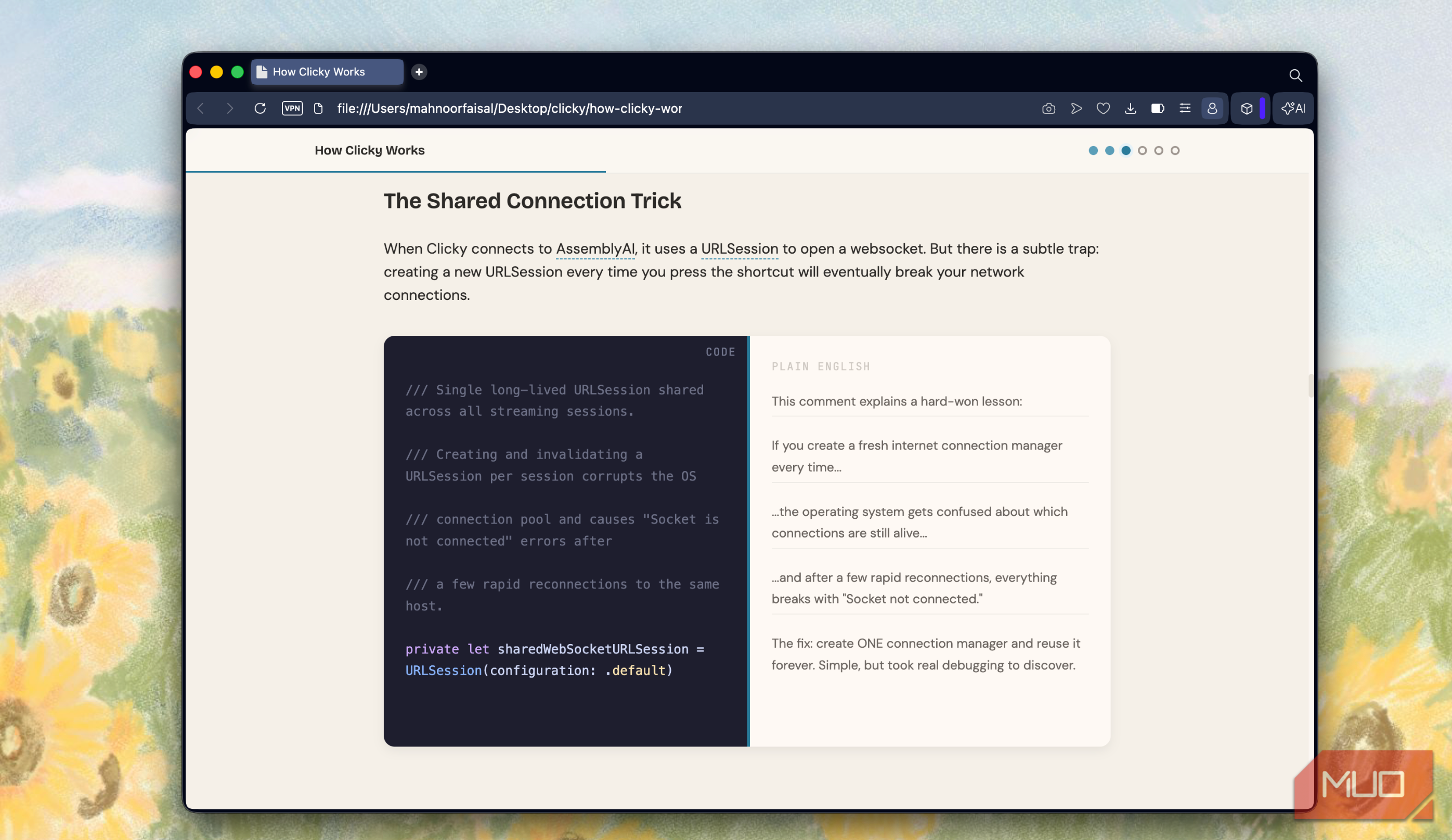 browser window displaying article about the shared connection trick in clicky with code snippet and explanatory text