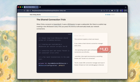 browser window displaying article about the shared connection trick in clicky with code snippet and explanatory text