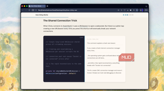 browser window displaying article about the shared connection trick in clicky with code snippet and explanatory text