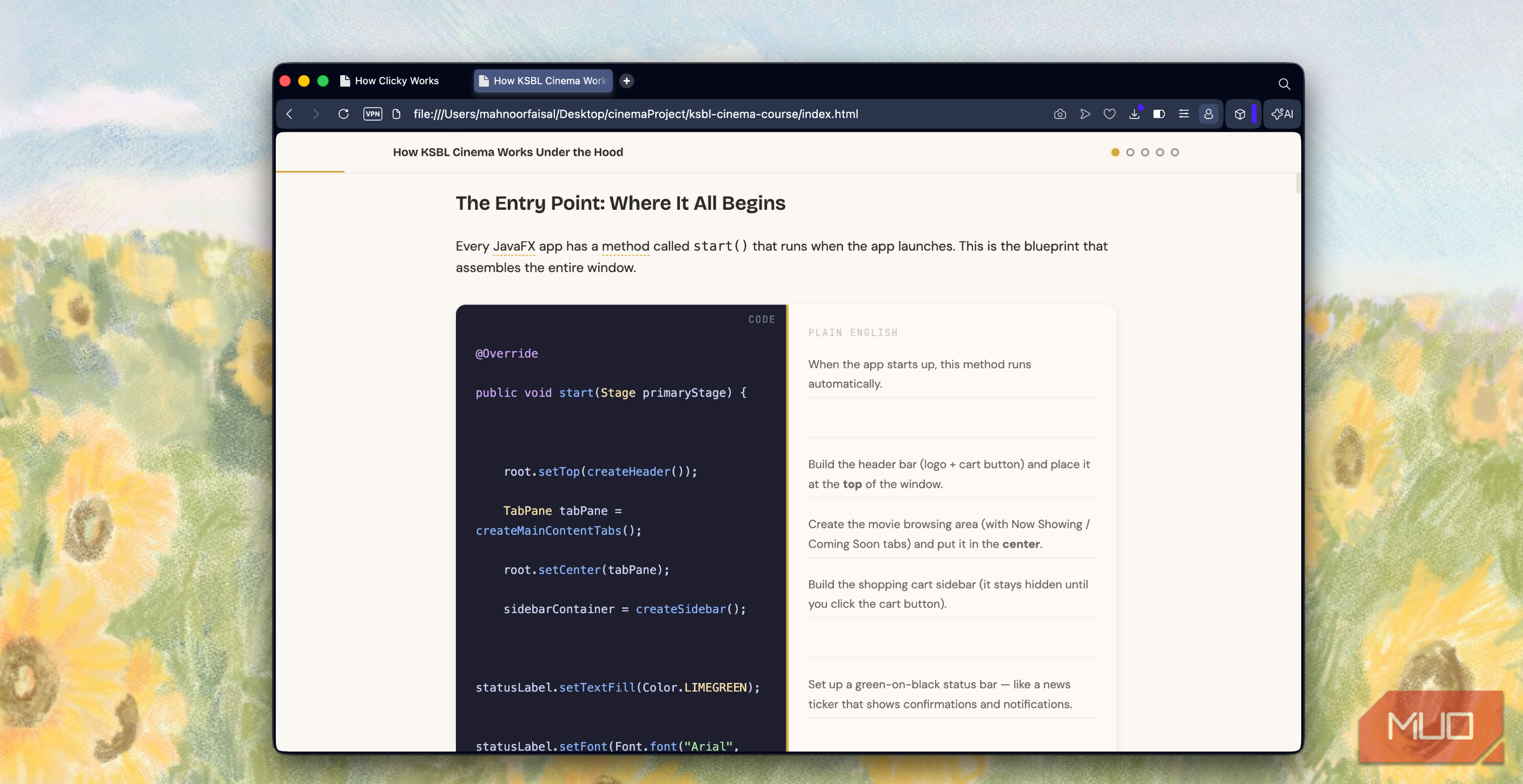 browser window displaying documentation about java app entry point with code example on left side and descriptive text on right side
