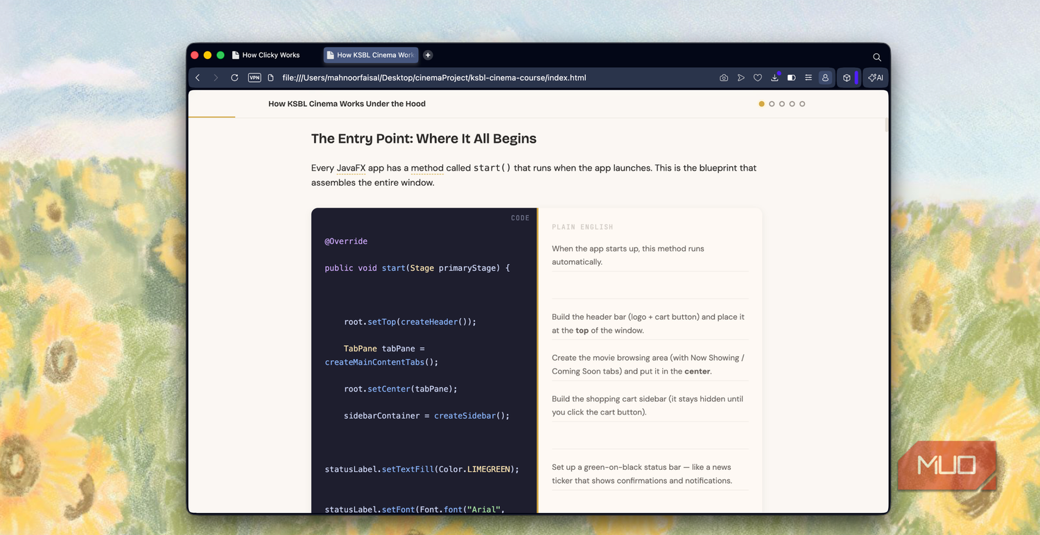 browser window displaying documentation about java app entry point with code example on left side and descriptive text on right side