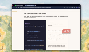 browser window displaying documentation about java app entry point with code example on left side and descriptive text on right side