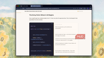 browser window displaying documentation about java app entry point with code example on left side and descriptive text on right side