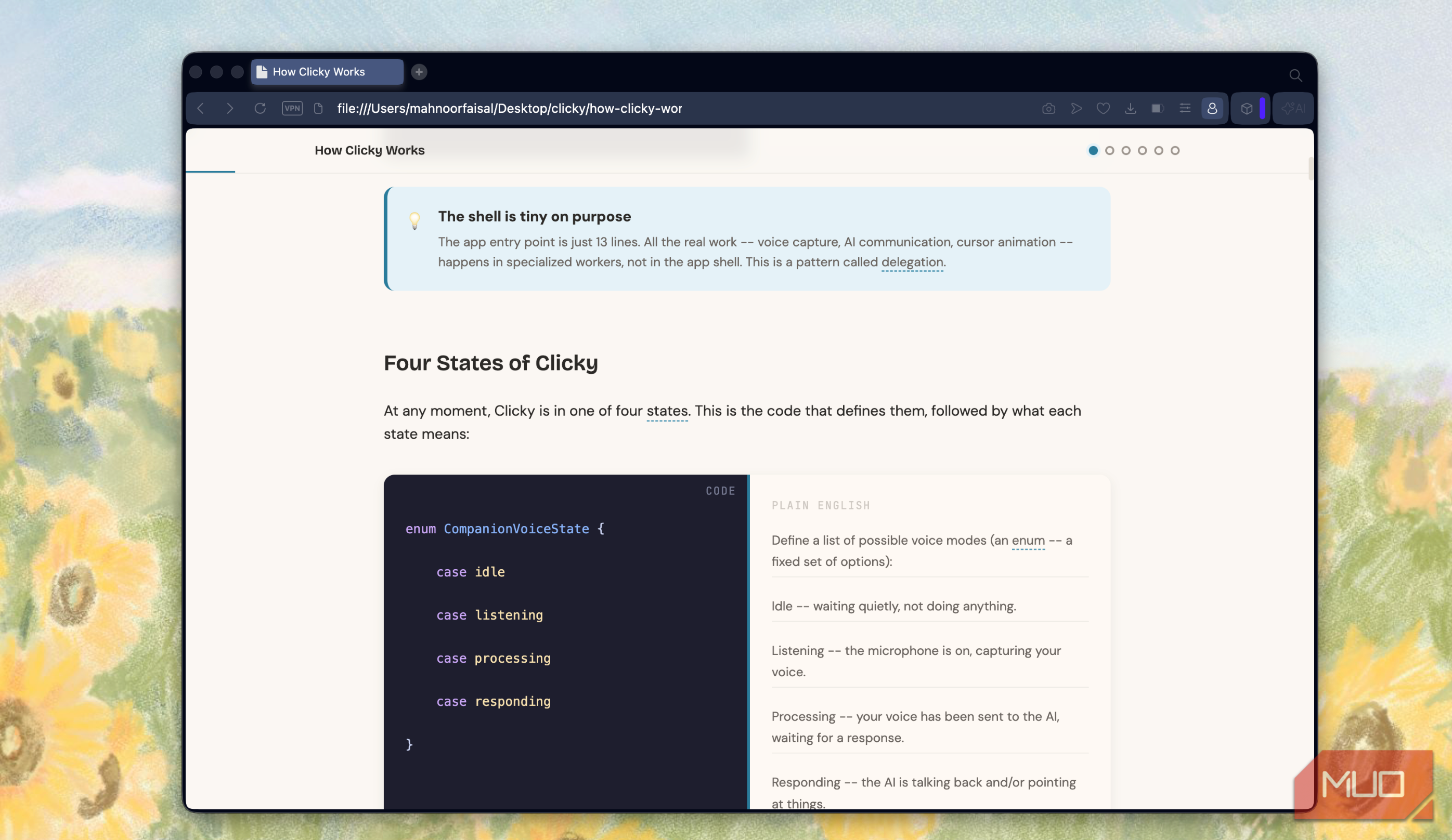 browser window displaying how clicky works documentation with code example and text about four states of clicky voice recognition states
