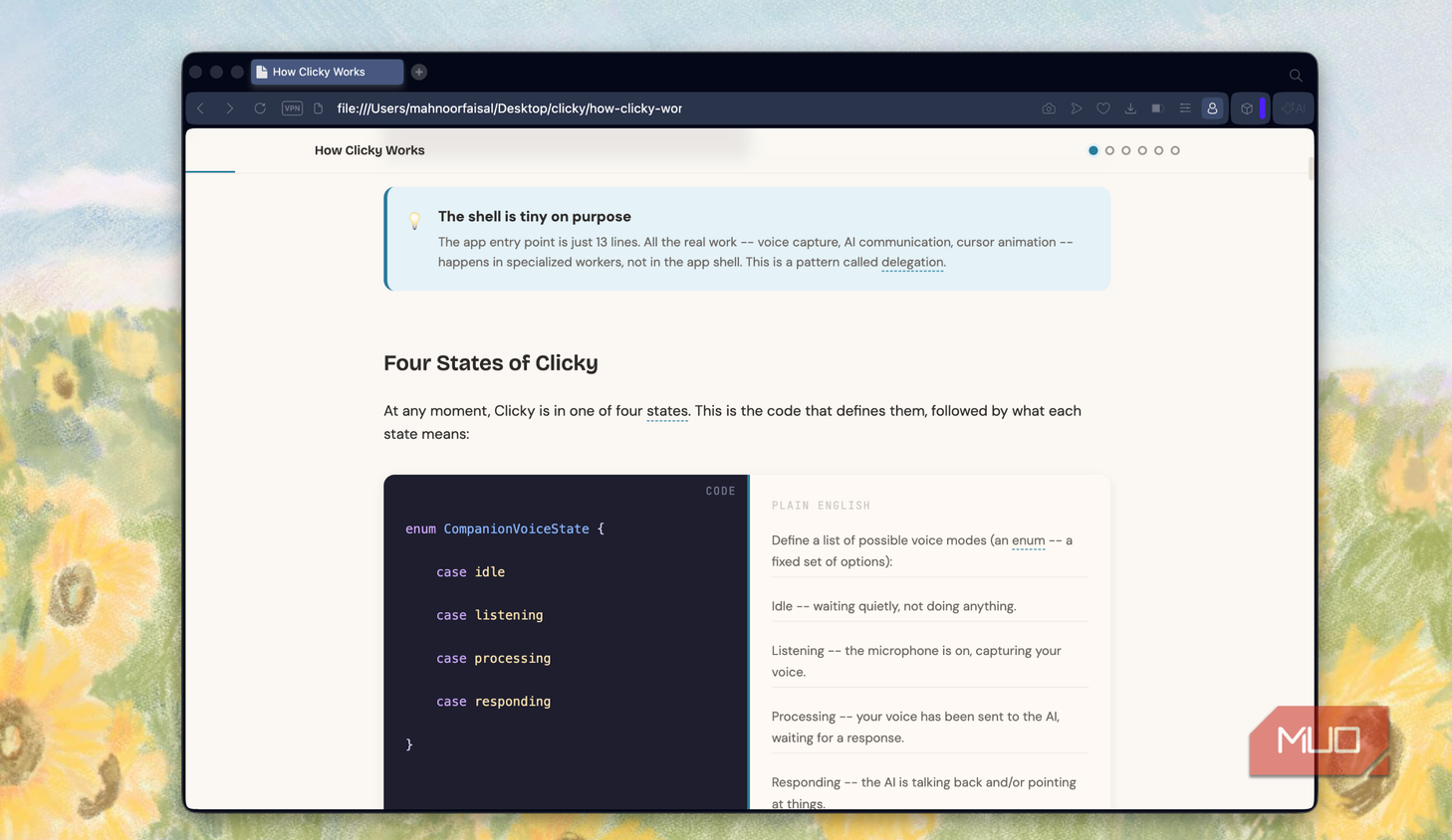 browser window displaying how clicky works documentation with code example and text about four states of clicky voice recognition states