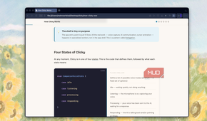 browser window displaying how clicky works documentation with code example and text about four states of clicky voice recognition states