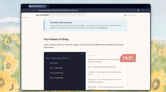 browser window displaying how clicky works documentation with code example and text about four states of clicky voice recognition states
