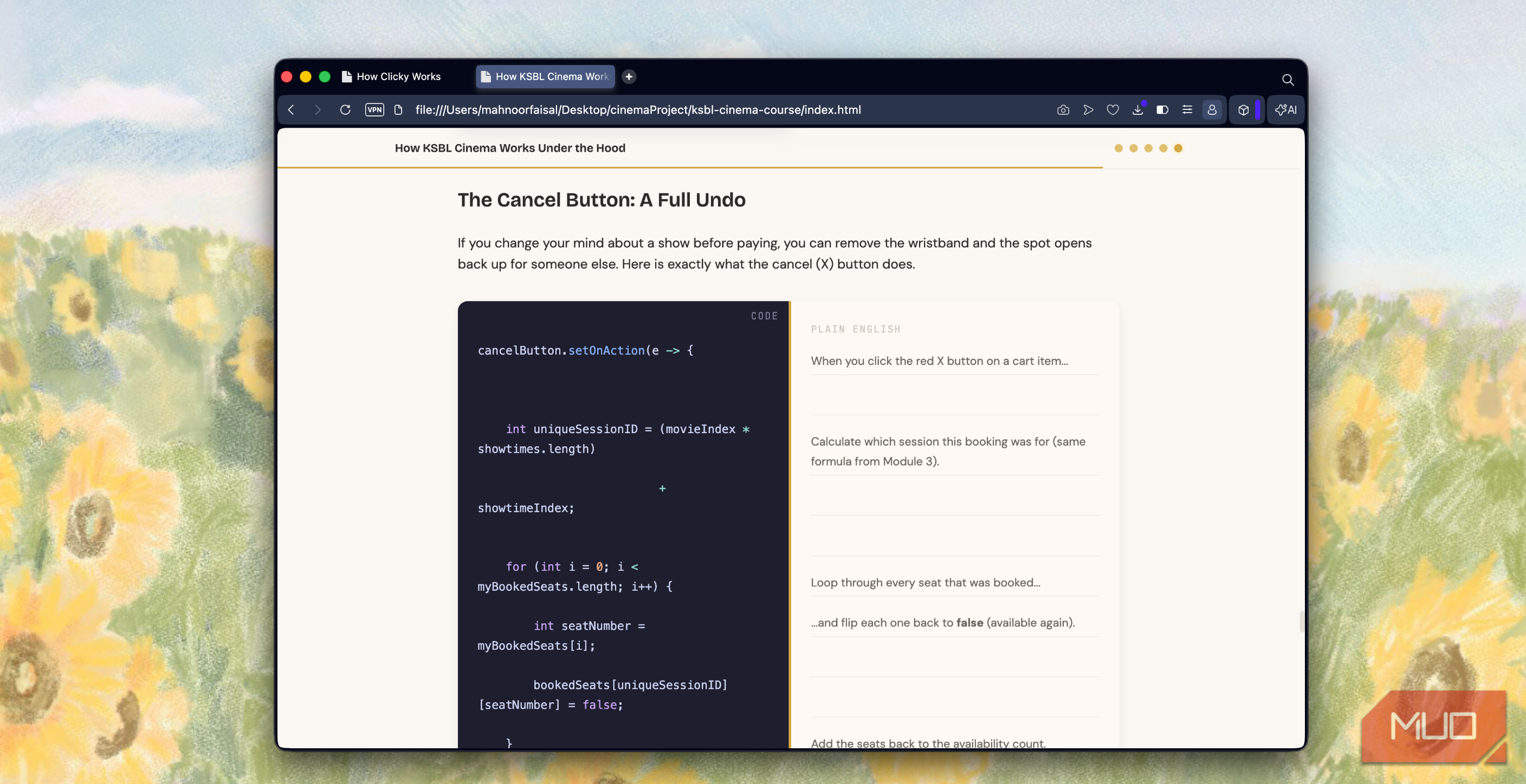 browser window displaying javascript code tutorial about cancel button functionality with sunflower field background