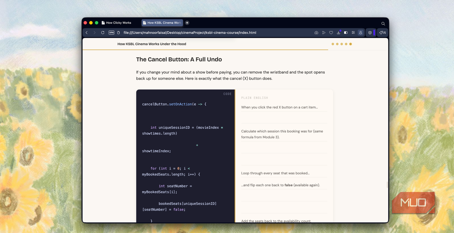 browser window displaying javascript code tutorial about cancel button functionality with sunflower field background