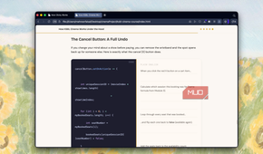 browser window displaying javascript code tutorial about cancel button functionality with sunflower field background