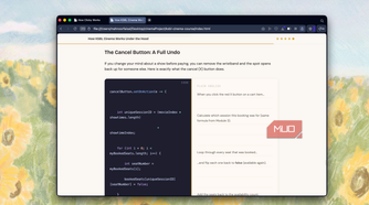 browser window displaying javascript code tutorial about cancel button functionality with sunflower field background