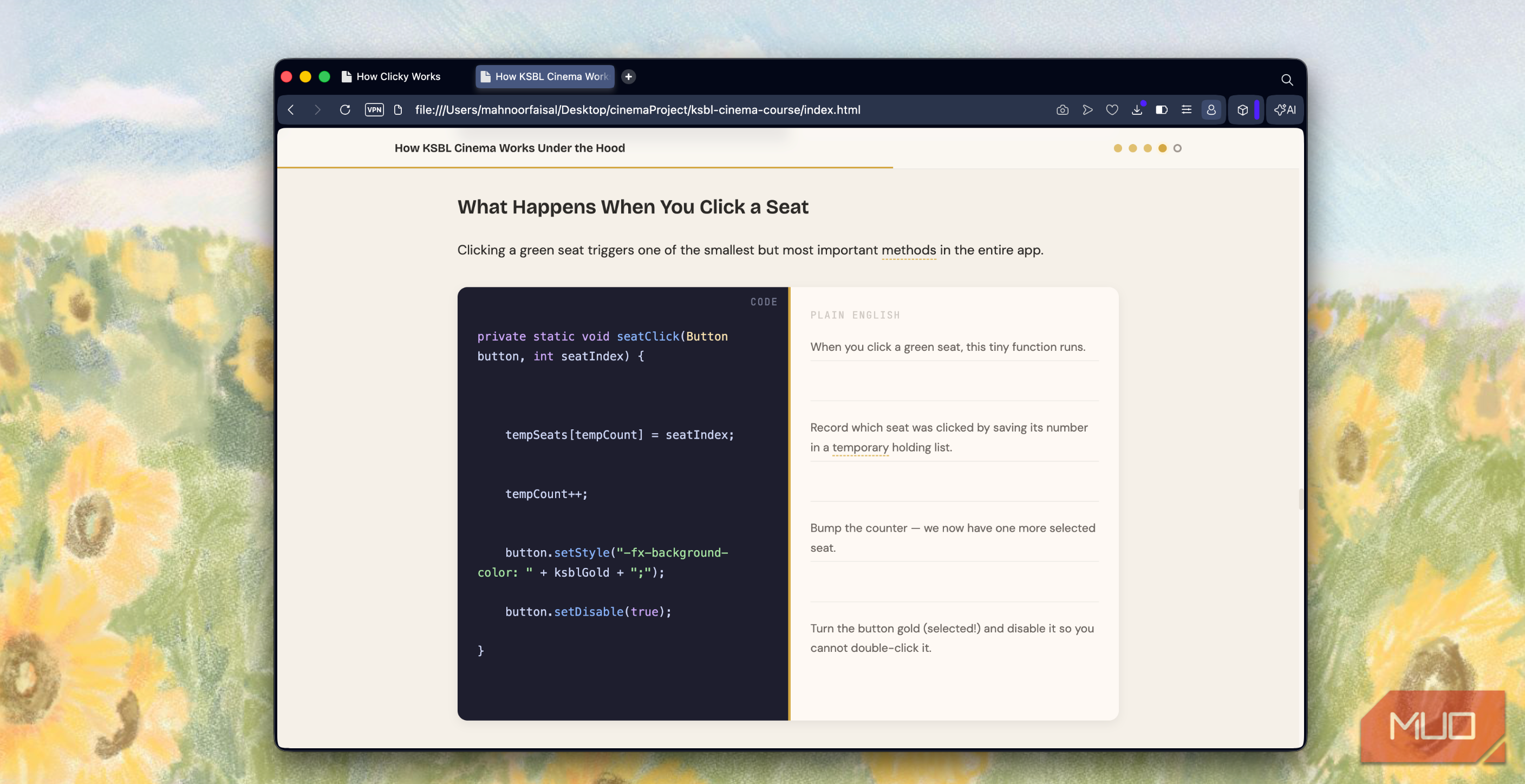 browser window displaying web page about javascript click event handling with code example on left side and explanation text on right side