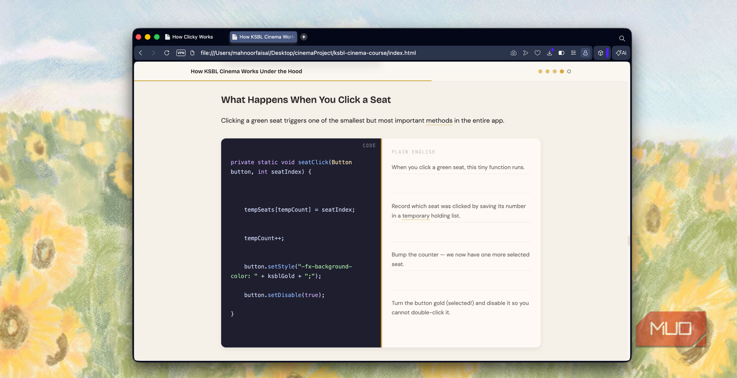 browser window displaying web page about javascript click event handling with code example on left side and explanation text on right side