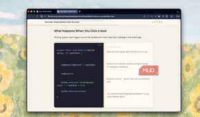 browser window displaying web page about javascript click event handling with code example on left side and explanation text on right side