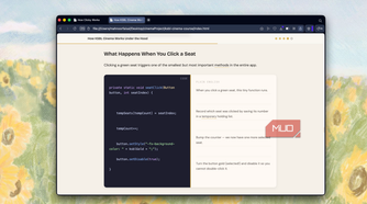 browser window displaying web page about javascript click event handling with code example on left side and explanation text on right side
