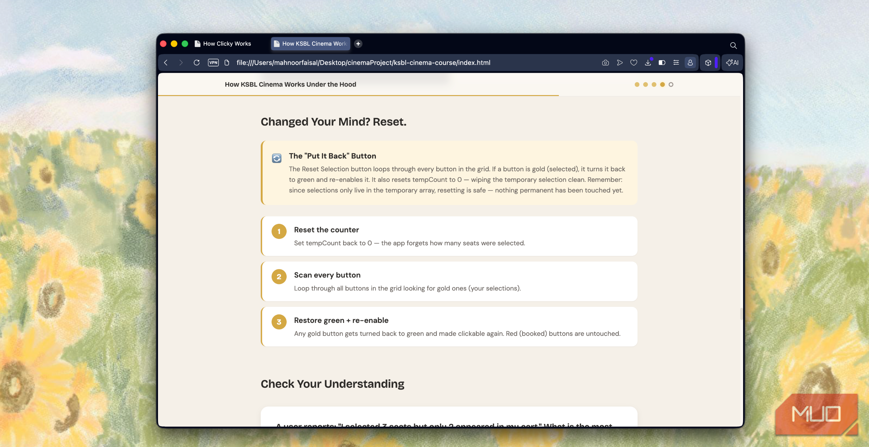 browser window showing a web page titled changed your mind reset with instructions about put it back button reset the counter scan every button and restore green re enable options