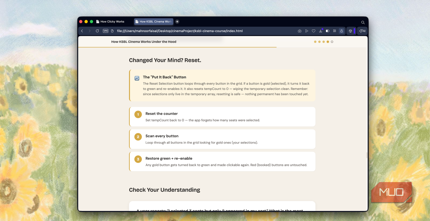 browser window showing a web page titled changed your mind reset with instructions about put it back button reset the counter scan every button and restore green re enable options