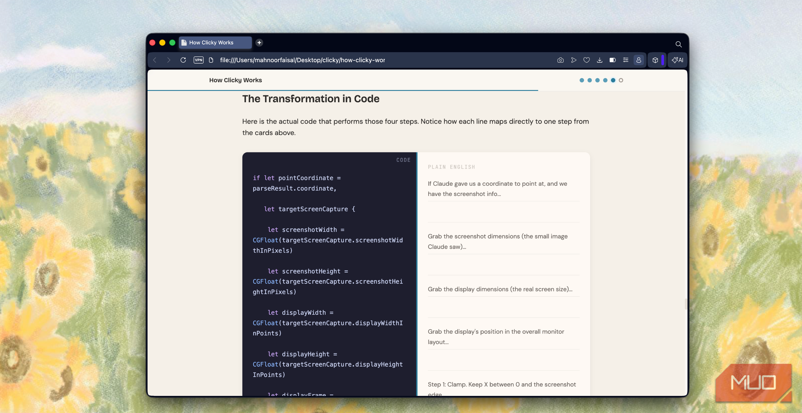 browser window showing code documentation titled the transformation in code with javascript code snippet on left side and explanatory text on right side
