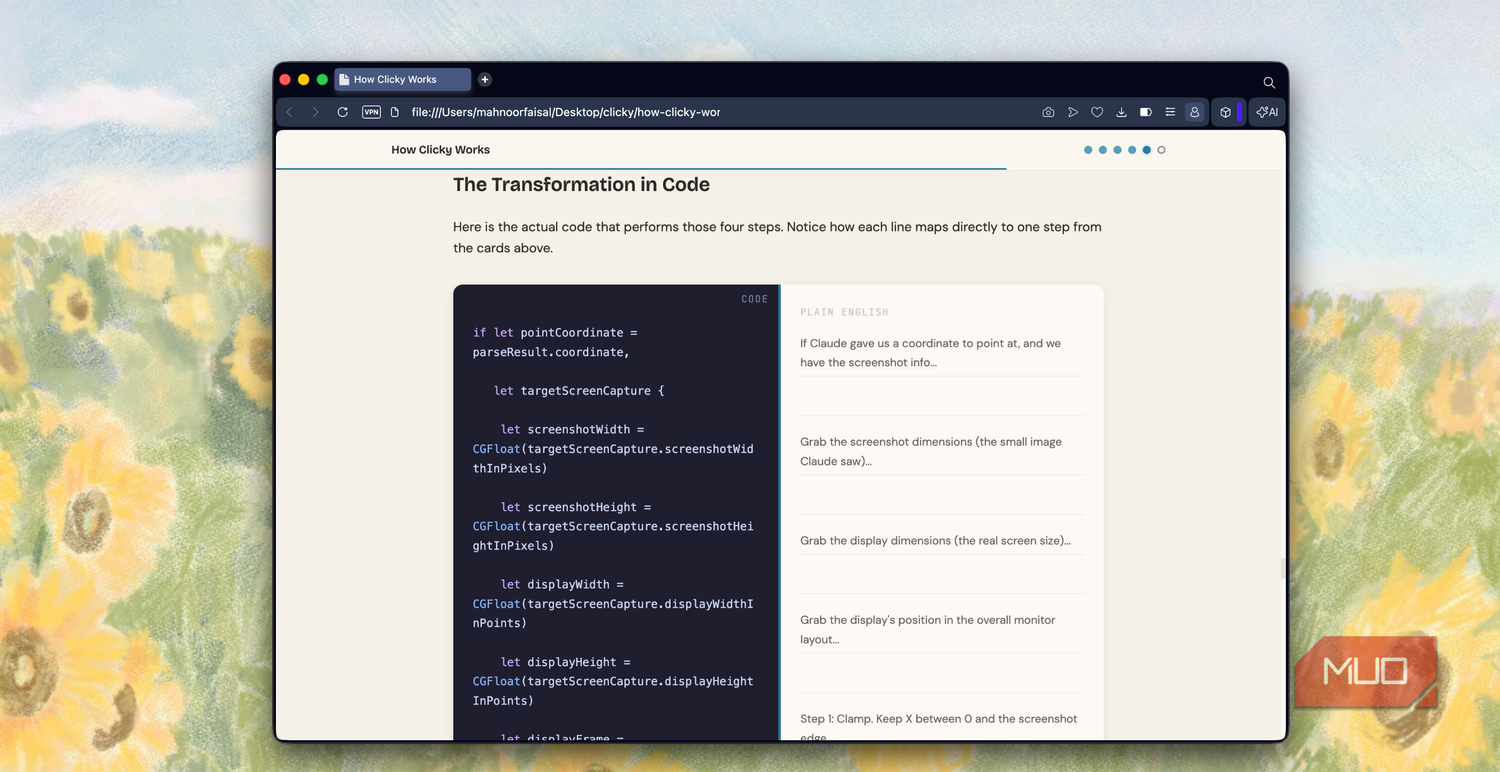 browser window showing code documentation titled the transformation in code with javascript code snippet on left side and explanatory text on right side