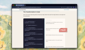 browser window showing code documentation titled the transformation in code with javascript code snippet on left side and explanatory text on right side