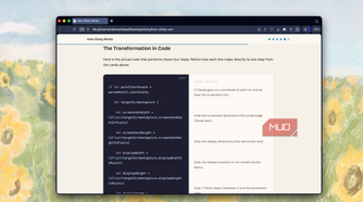 browser window showing code documentation titled the transformation in code with javascript code snippet on left side and explanatory text on right side