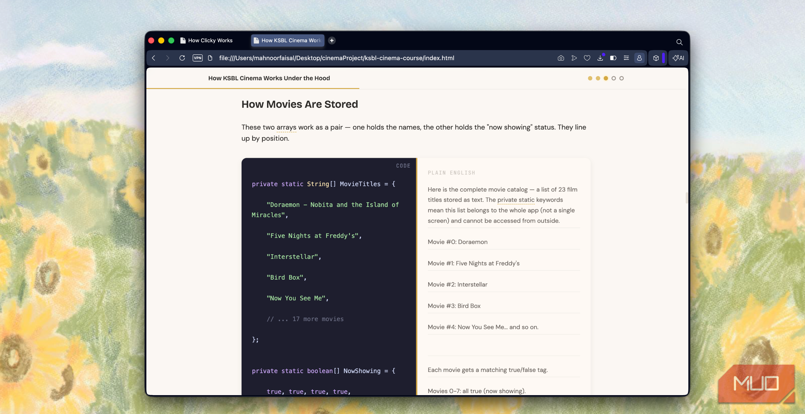 browser window showing code tutorial about how movies are stored with javascript examples and explanatory text