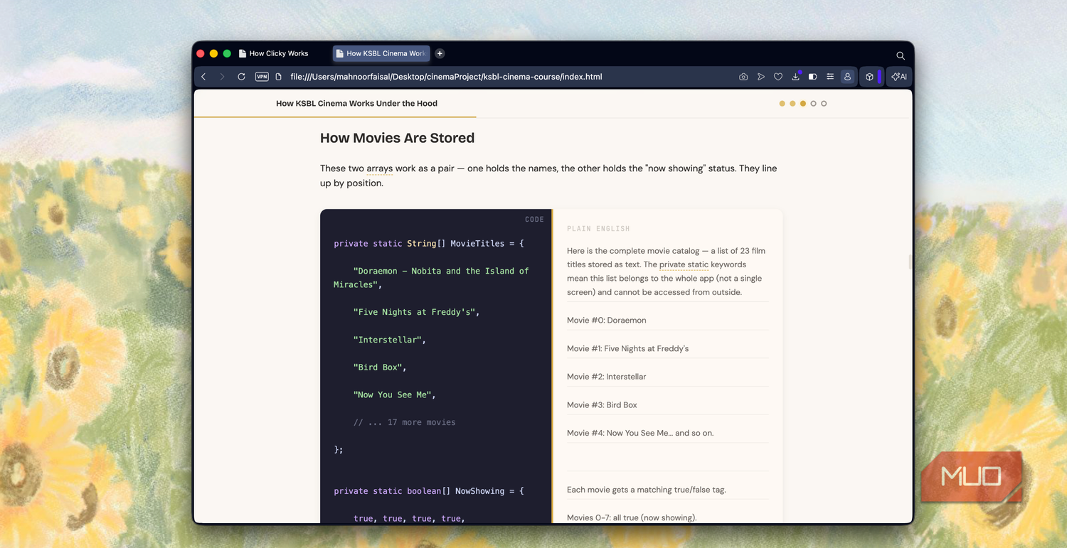browser window showing code tutorial about how movies are stored with javascript examples and explanatory text