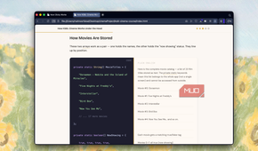 browser window showing code tutorial about how movies are stored with javascript examples and explanatory text
