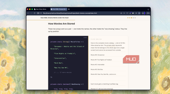 browser window showing code tutorial about how movies are stored with javascript examples and explanatory text