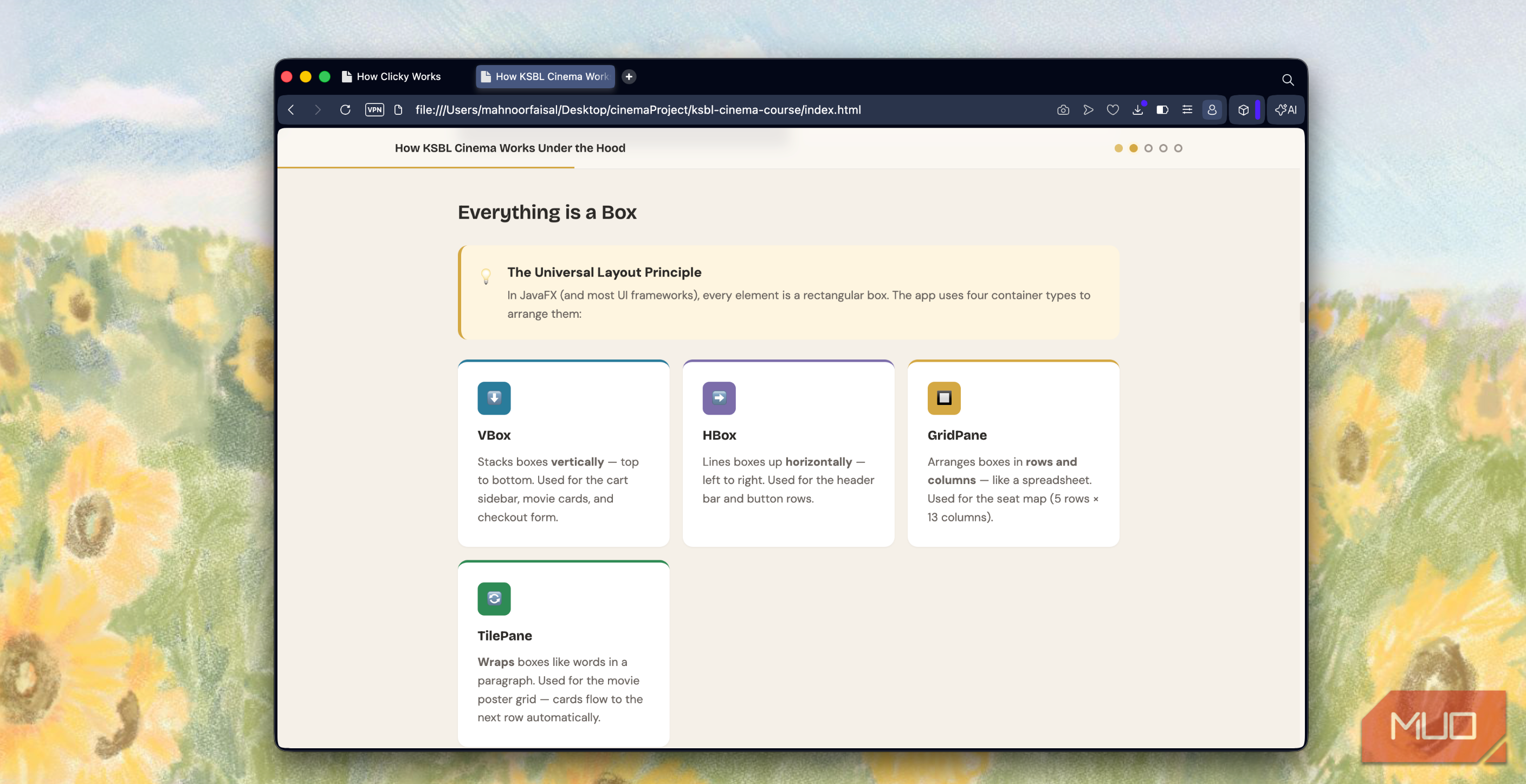 browser window showing web page about css box model with sections for vbox hbox gridpane and tilepane layout components
