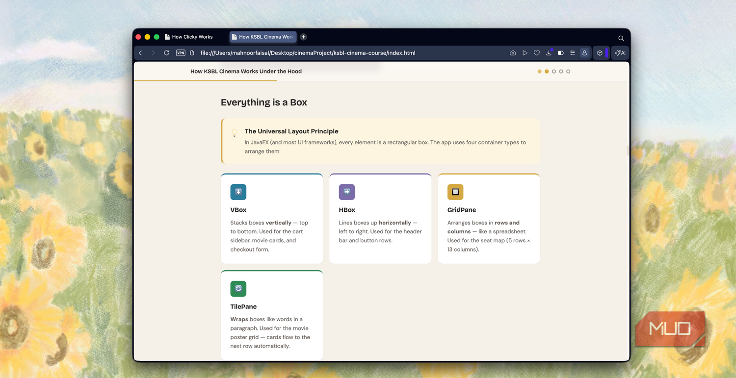 browser window showing web page about css box model with sections for vbox hbox gridpane and tilepane layout components