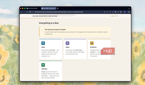 browser window showing web page about css box model with sections for vbox hbox gridpane and tilepane layout components