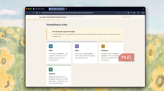 browser window showing web page about css box model with sections for vbox hbox gridpane and tilepane layout components