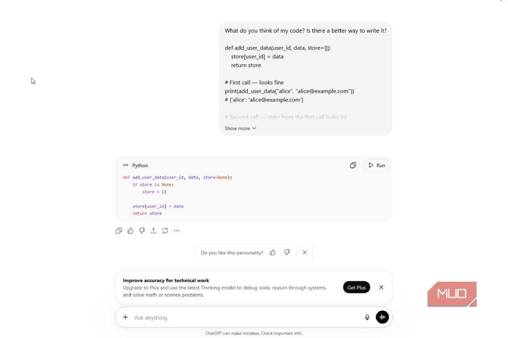 ChatGPT's response providing fixed code without explaining the root cause