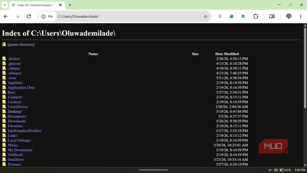 Chrome displaying a local file directory as a navigable index