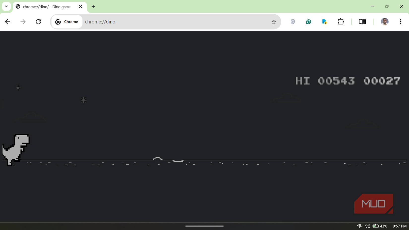 Chrome browser displaying the offline Dinosaur game in dark mode.