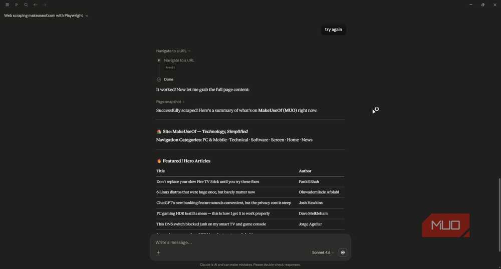 Claude Desktop scraping a web page through MCP