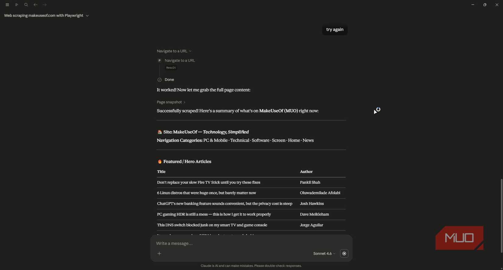 MUO ページがクロードのデスクトップを傷つけます。