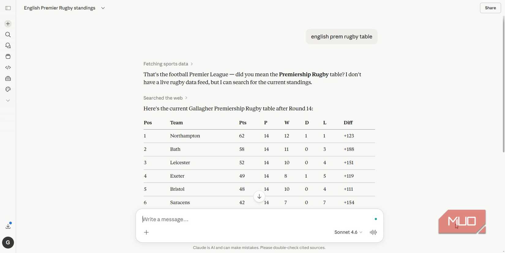 claude internet search rugby table.