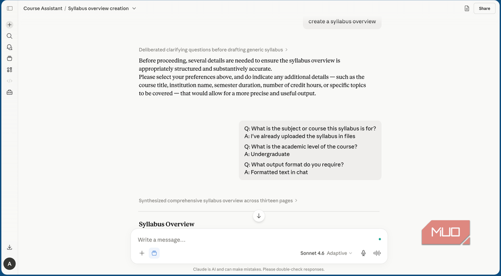 Claude Projects chat interface with custom instructions configured