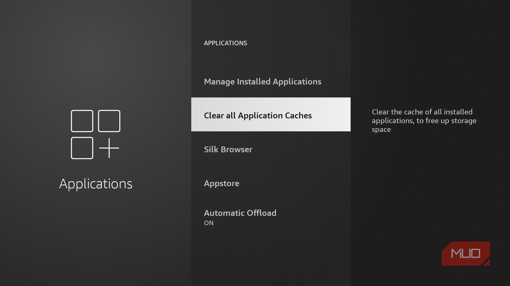 Clear cache menu on Fire TV Stick