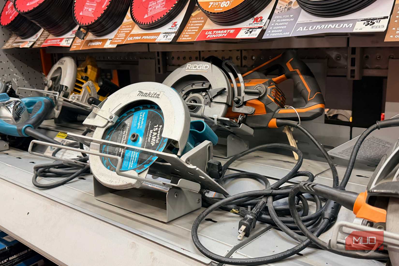 Corded circular saws in a store.