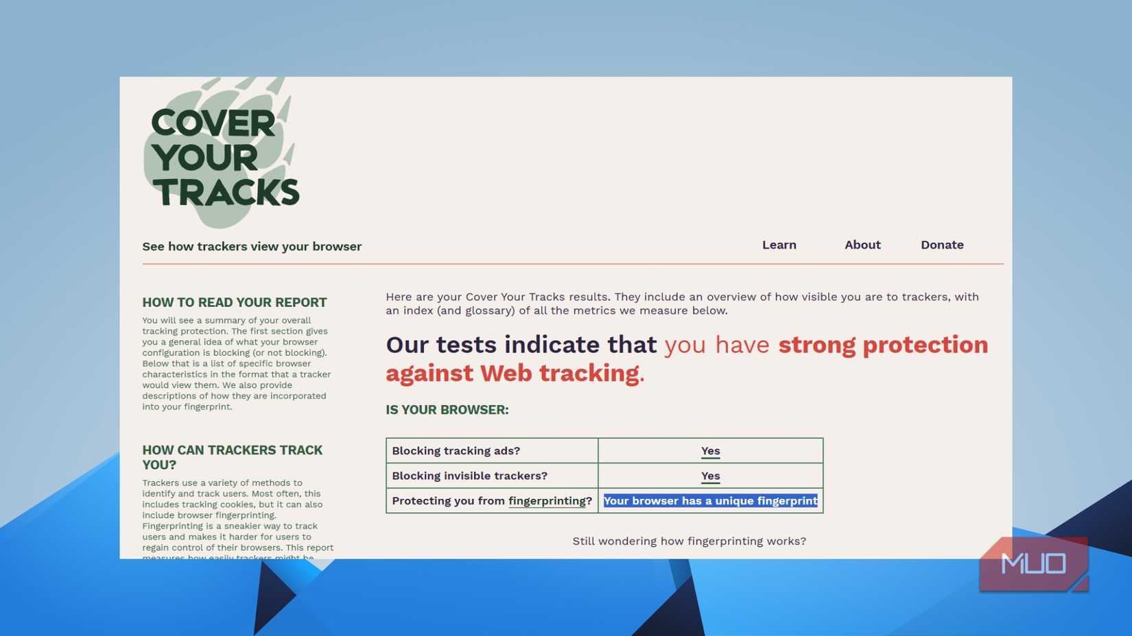 Cover Your Tracks によるブラウザ フィンガープリント テストの結果