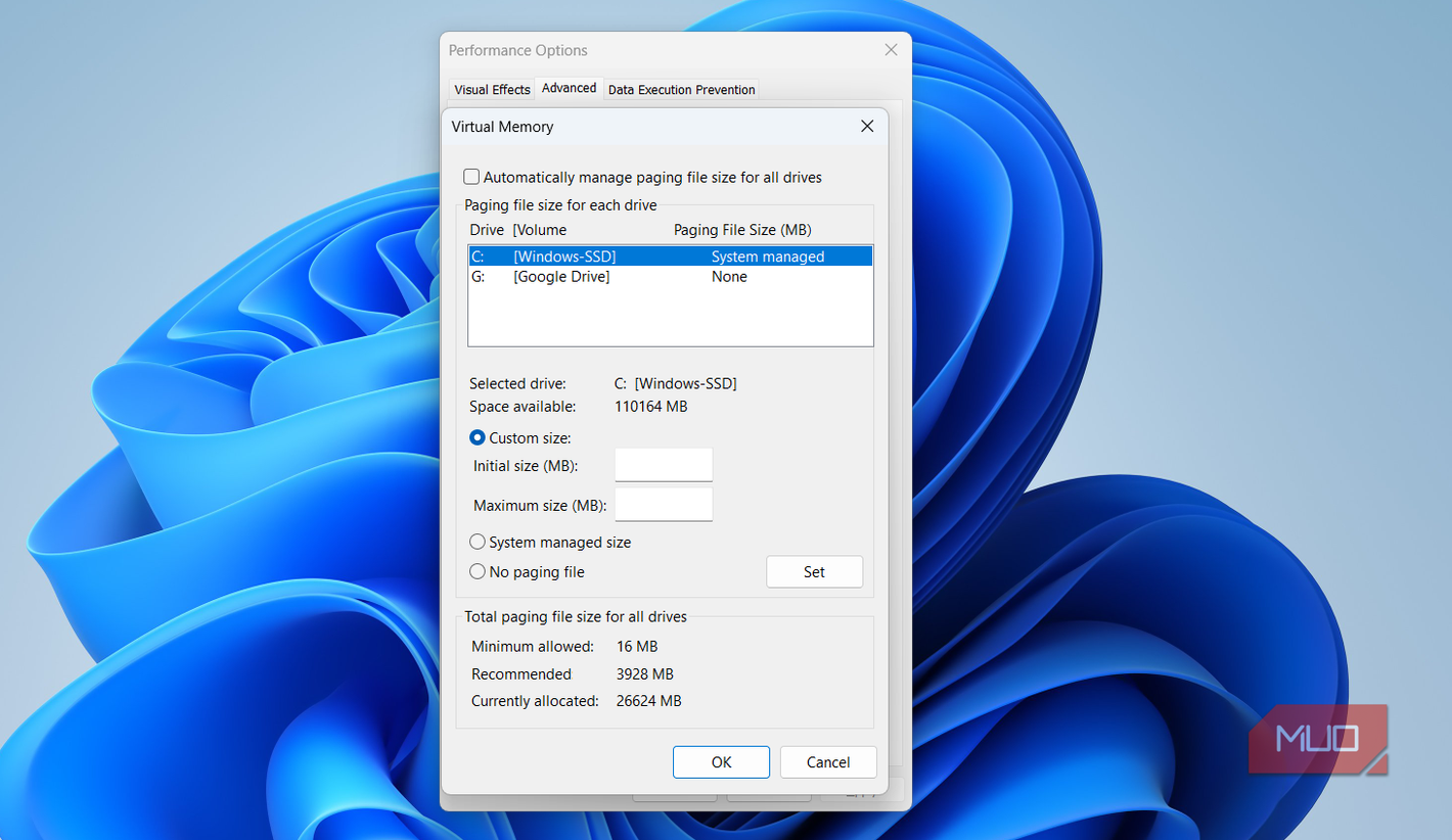 Custom virtual memory size on Windows PC