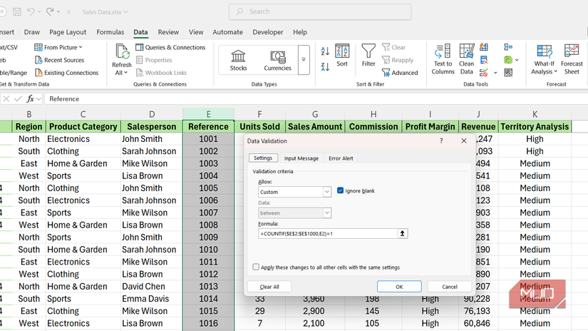 Data Validation dialog box set to allow custom formula in Excel.-1