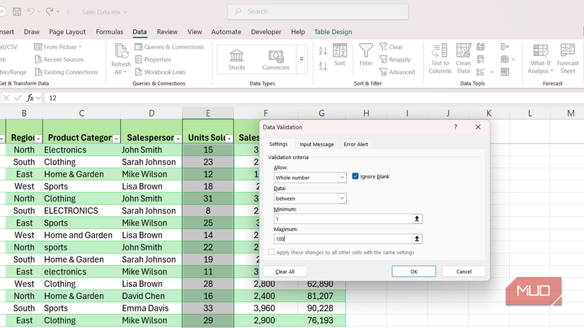 Data Validation dialog box set to allow whole numbers in Excel.