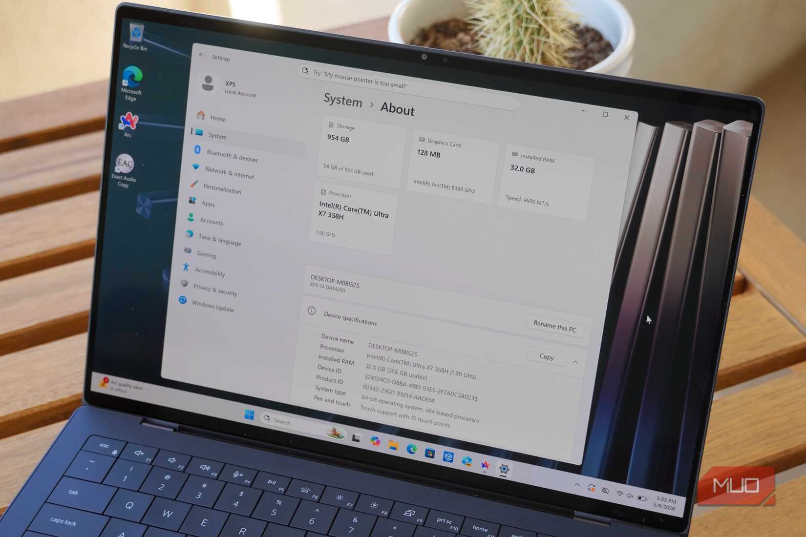 The about page for the Dell XPS 14.